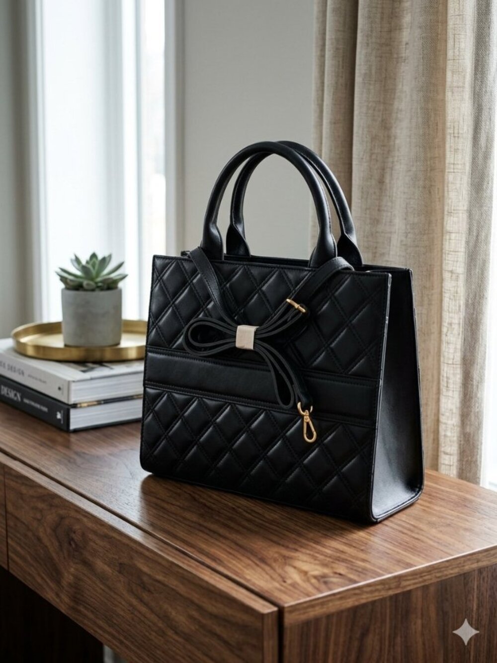 Black Quilted Tote Bag Diamond Pattern Double Handles
